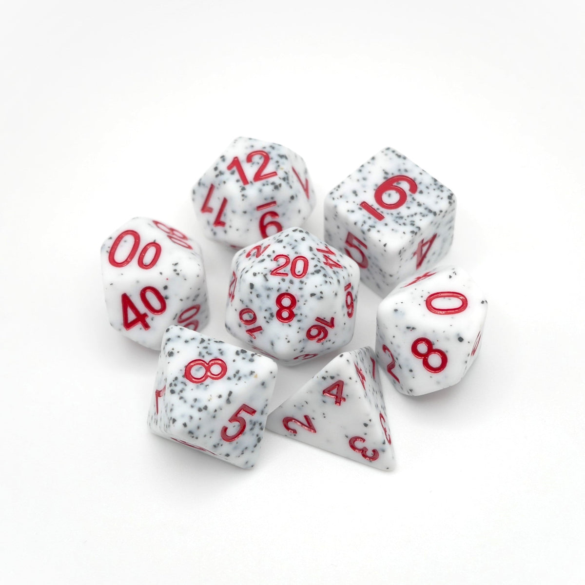 Set of white dice with red numbers on a white background