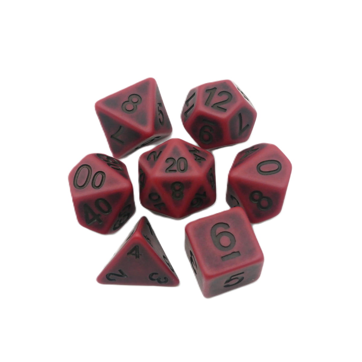 A set of red translucent polyhedral gaming dice with black printed numbers, arranged on a plain white background.
