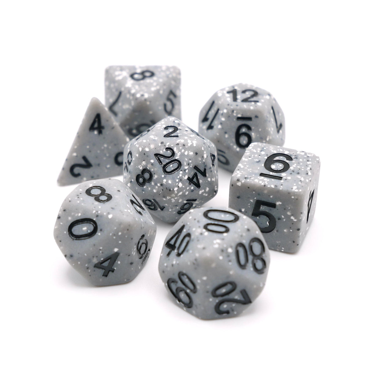 Set of gray polyhedral dice with black numbers on a white background