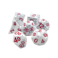 Set of white dice with red numbers on a white background