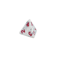 White polyhedral dice with red numbers on a white background