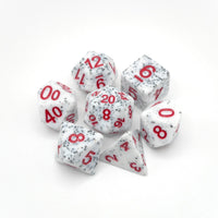 Set of white dice with red numbers on a white background