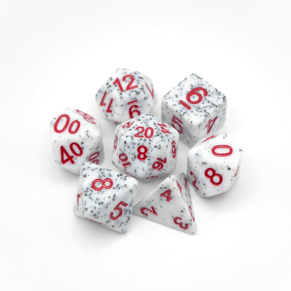Set of white dice with red numbers on a white background