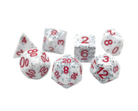 Set of white dice with red numbers on a white background