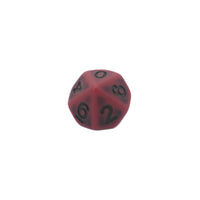 Red polyhedral dice with black numbers on a white background