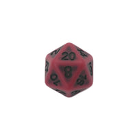 Red polyhedral dice with black numbers on a white background