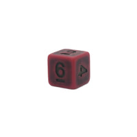 Close up of a single red d6 die with black numbers showing 6 on white