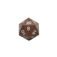 A brown 20-sided d20 polyhedral gaming die with white printed numbers, shown on a plain white background.