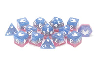 Set of blue and pink dice with white numbers and symbols on a white background