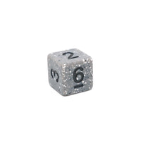 A single gray polyhedral die with a fine white and black speckled finish, showing the numbers 2, 3, and 6 in black.