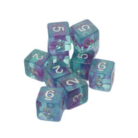 Set of blue and purple dice with numbers on a white background