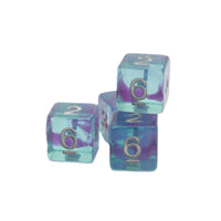 Set of dice with blue and purple marbled pattern on a white background