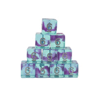 Stack of blue and purple dice with number 6 on a white background