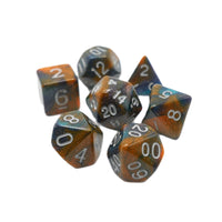 A set of seven polyhedral dice with a dark metallic bronze and black base, accented by fine silver glitter and white printed numbers, arranged on a plain white background.