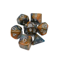 Set of polyhedral dice with metallic sheen on a white background