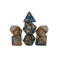 Set of polyhedral dice with metallic blue and bronze colors on a white background