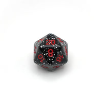 Black polyhedral dice with red numbers on a white background