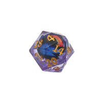 Purple polyhedral dice with gold numbers on a white background