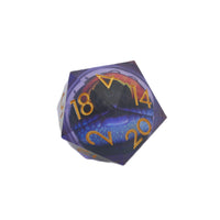 D20 polyhedral dice with purple and blue gradient and gold numbers on a white background