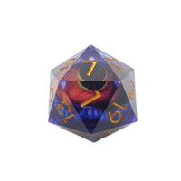 Polyhedral dice with purple and orange colors on a white background