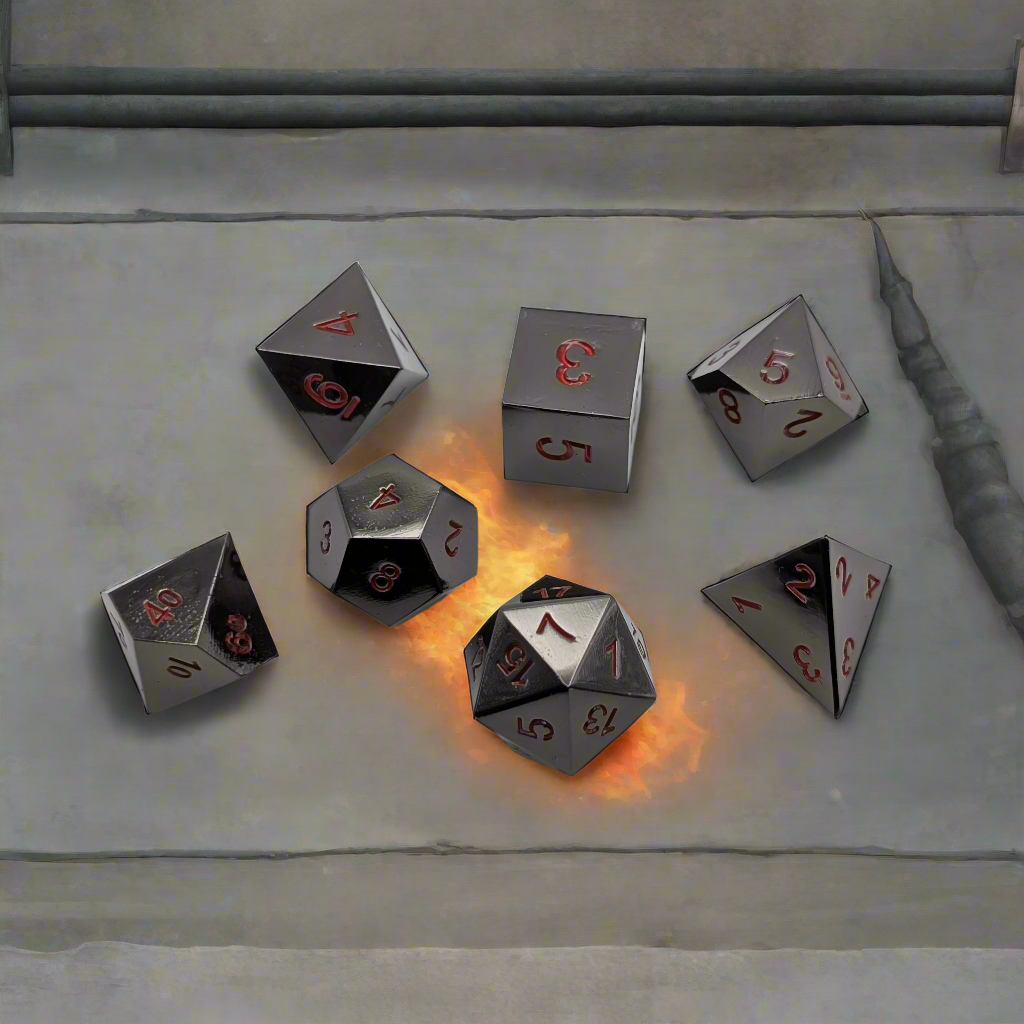 A set of reflective silver polyhedral tabletop gaming dice with red numbers, arranged on a gray stone surface with one die showing a glowing orange flame effect.