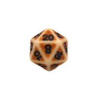D20 polyhedral dice with brown color and black numbers on a white background