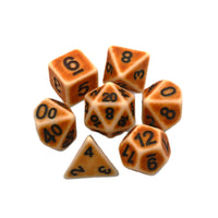 Seven piece set of beige resin dice with black numbers in a circle around the d20