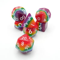 A set of rainbow-colored polyhedral dice with white numbering, arranged on a clean white background.
