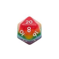 Multicolored twenty-sided die with numbers on a white background